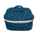blue quilted travel case with bronc and brand pattern