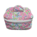 Pink floral-patterned makeup bag on a white background