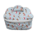 blue quilted travel case with dogs wearing pink sweaters as the pattern