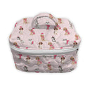 light pink quilted travel bag with dogs wearing pink sweaters as the pattern 