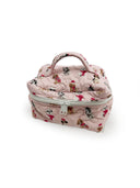 light pink quilted travel bag with dogs wearing pink sweaters as the pattern 