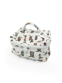 Cosmetic bag with cowboy boot pattern on a white background