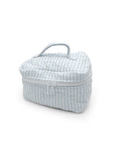 Light blue striped makeup bag on a white background