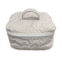 Striped fabric storage bag with a handle on a white background
