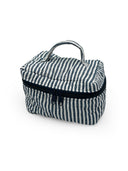 Striped fabric bag with black zipper on a white background