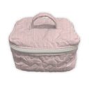 Pink and white striped fabric-covered storage box with a handle on a white background
