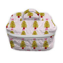pink and white striped quilted travel case with green christmas tree, pink bow, and red pot