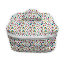 white quilted travel case with jewel tone small floral pattern