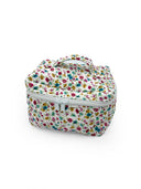 white quilted travel case with jewel tone small floral pattern