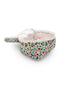 open faced photo of white quilted travel case with jewel tone small floral pattern