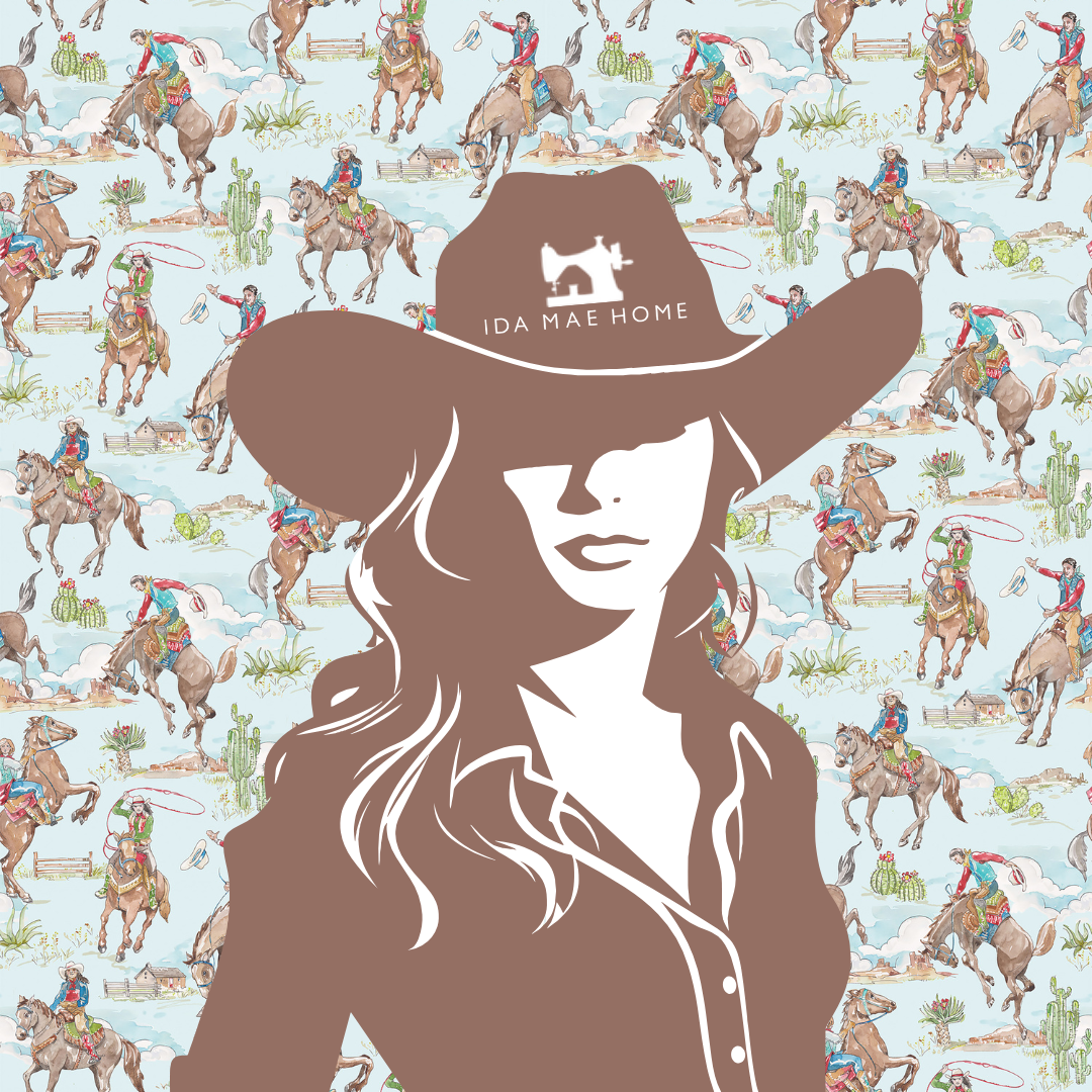 Styled in brown, a woman wearing a cowboy hat stands against a colorful patterned background.